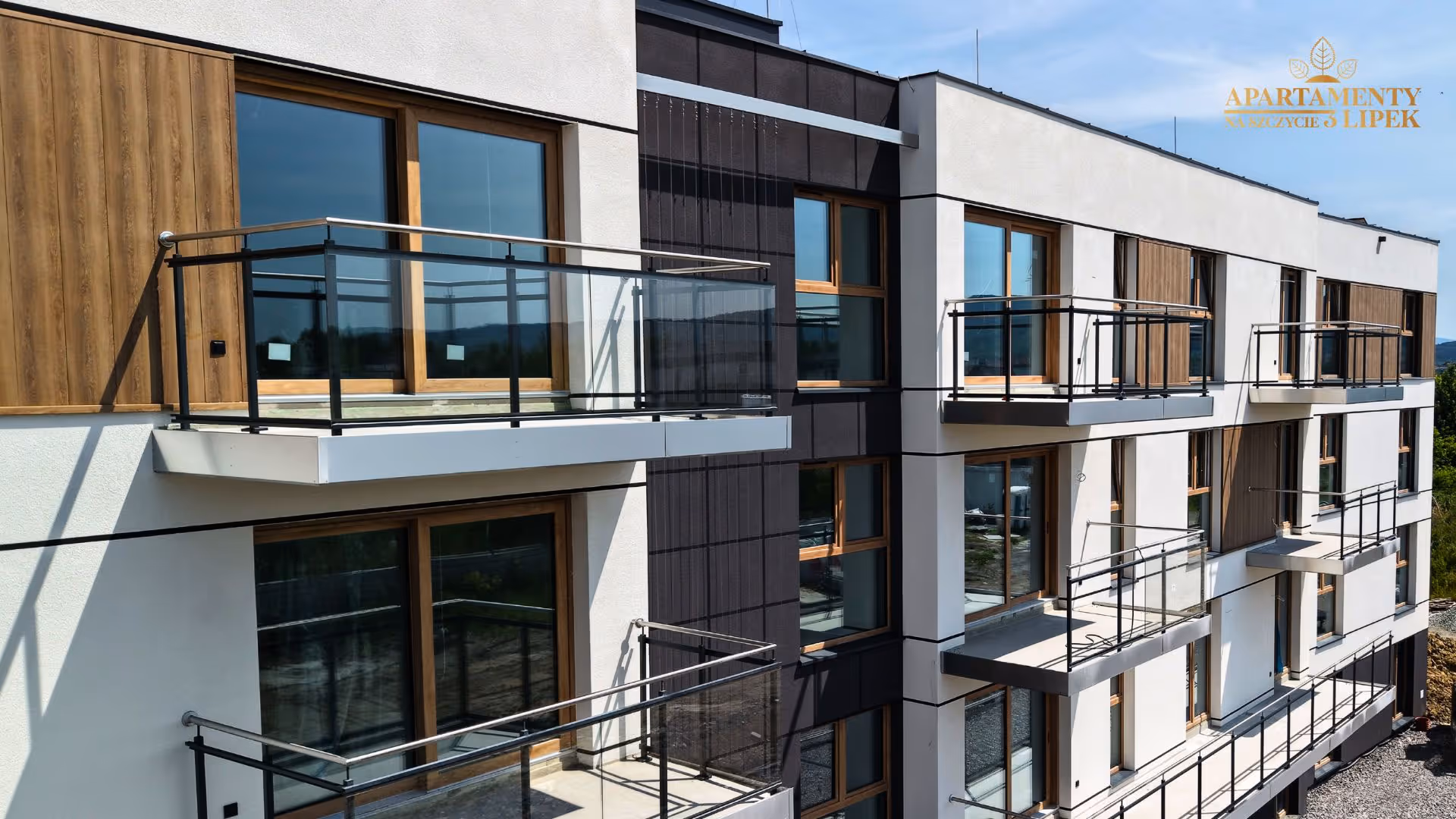 Przestronne balkony z przeszklonymi balustradami, duże okna w drewnianych ramy oraz geometryczne połączenie jasnego tynku z ciemnosarymi panelami i wstawkami o strukturze naturalnego drewna.